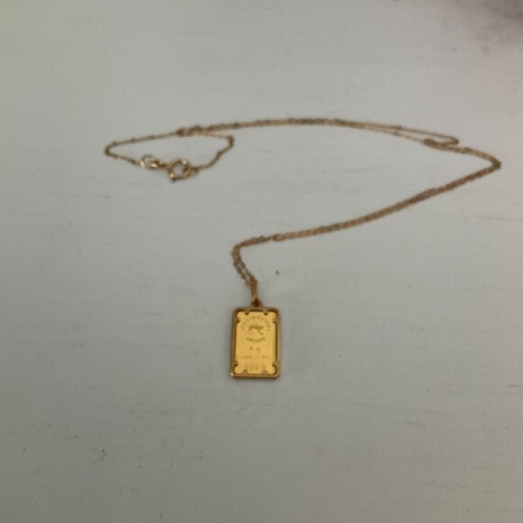 24K pure solid gold disk framed in 14k solid gold necklace - Picture 3 of 7